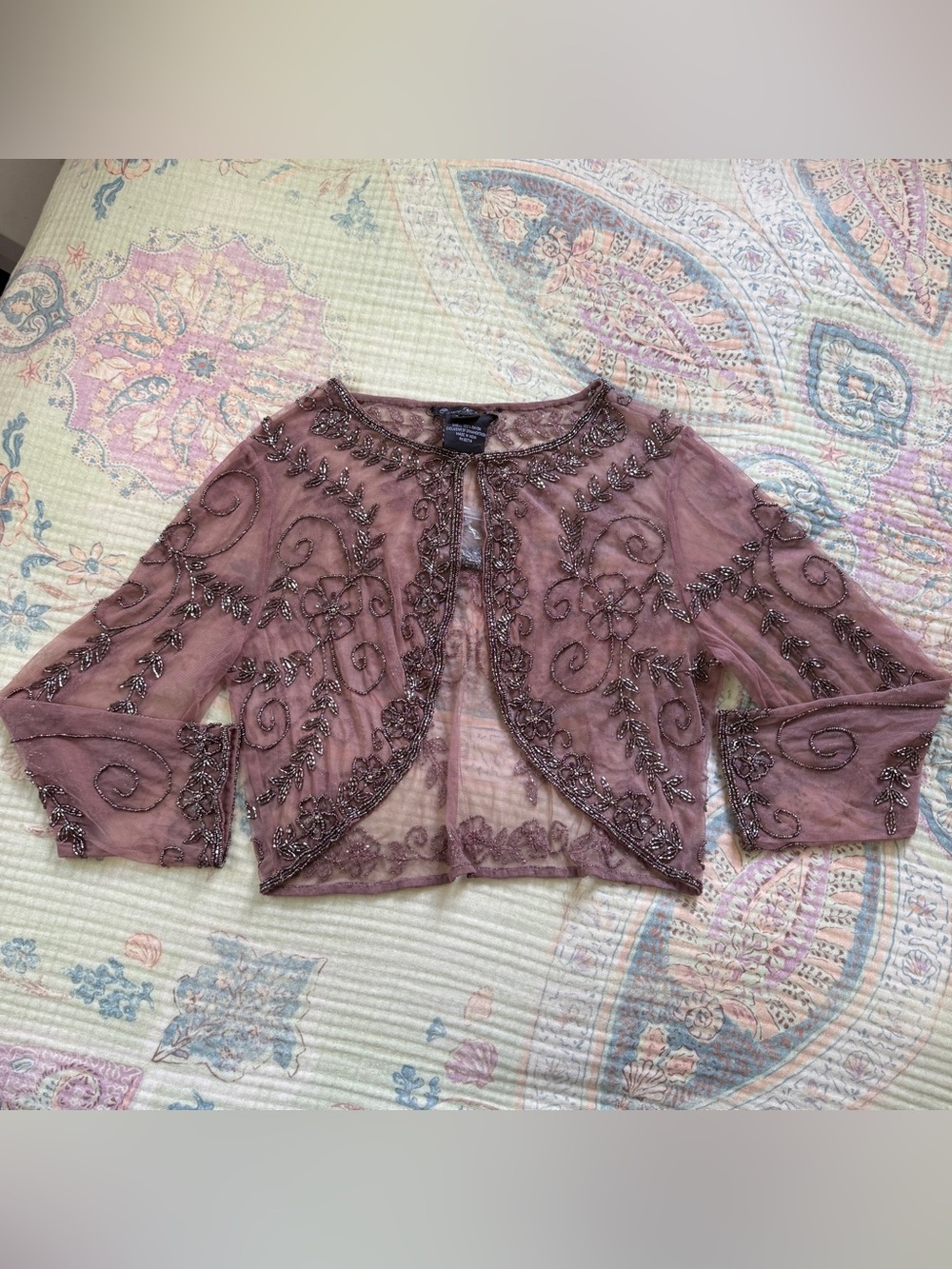 Vintage Pisarro Nights Dusty Mauve Beaded Sheer Evening Jacket Bolero Top 6 Boho
